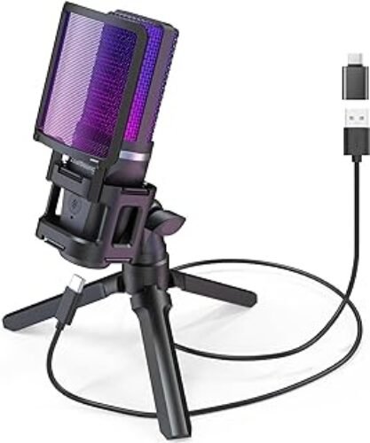 ZealSound Microfone USB para jogos para PC, microfone condensador RGB para computador com suporte de tripé, silenciador rápido, controle de ganho para jogos, transmissão, podcast, gravação, ASMR, kit de microfone cardioide para laptop/PS4/PS5/telefone
